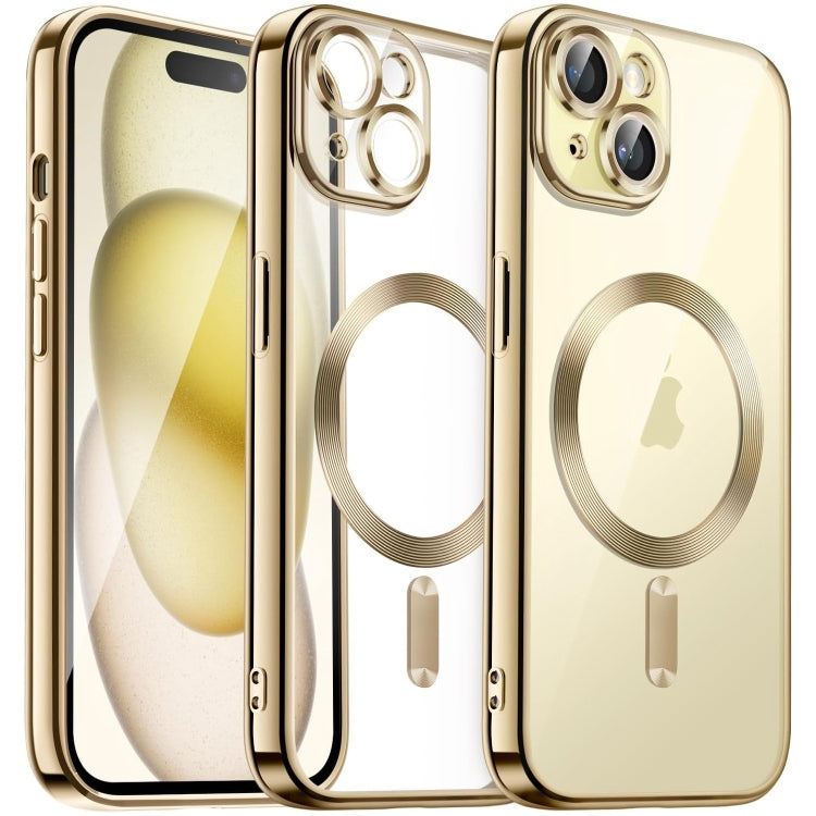 For iPhone 15 Transparent Electroplated Magsafe Magnetic TPU Phone Case(Gold) - iPhone 15 Cases by buy2fix | Online Shopping UK | buy2fix