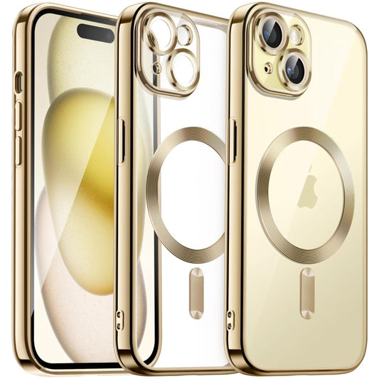For iPhone 15 Transparent Electroplated Magsafe Magnetic TPU Phone Case(Gold) - iPhone 15 Cases by buy2fix | Online Shopping UK | buy2fix