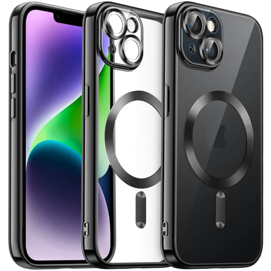 For iPhone 14 Plus Transparent Electroplated Magsafe Magnetic TPU Phone Case(Black) - iPhone 14 Plus Tempered Glass by buy2fix | Online Shopping UK | buy2fix