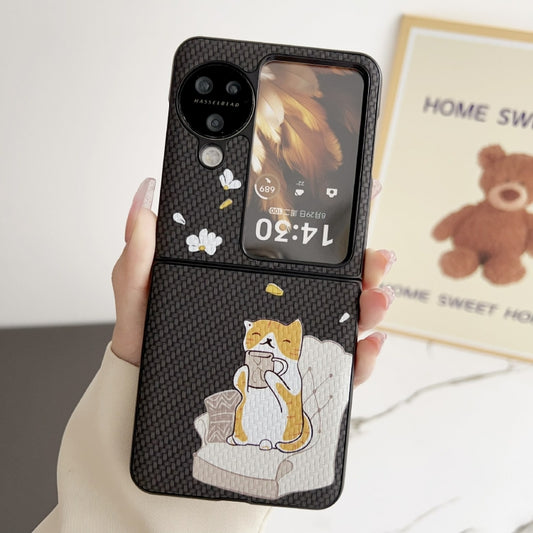 For OPPO Find N3 Flip Braided Texture Colored Drawing Pattern Phone Case(Black Coffee Cat) - OPPO Cases by buy2fix | Online Shopping UK | buy2fix