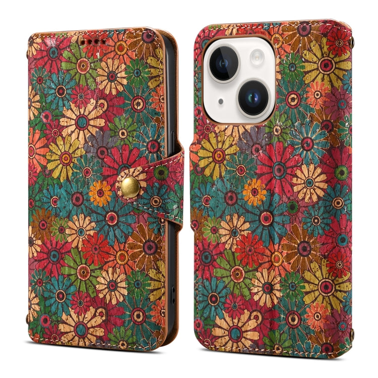 For iPhone 14 Denior Flower Language Series Cork Fabric Oil Edge Leather Phone Case(Spring) - iPhone 14 Cases by Denior | Online Shopping UK | buy2fix