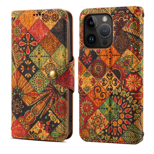For iPhone 14 Pro Denior Flower Language Series Cork Fabric Oil Edge Leather Phone Case(Autumn)