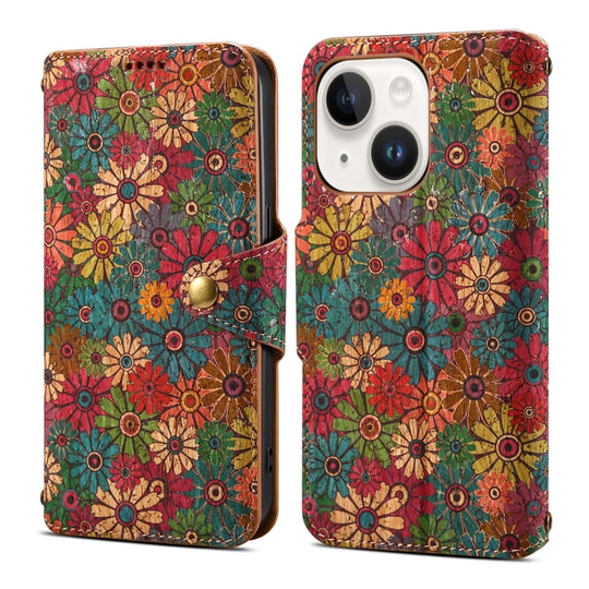For iPhone 15 Denior Flower Language Series Cork Fabric Oil Edge Leather Phone Case(Spring)