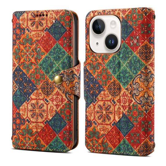 For iPhone 15 Denior Flower Language Series Cork Fabric Oil Edge Leather Phone Case(Winter)