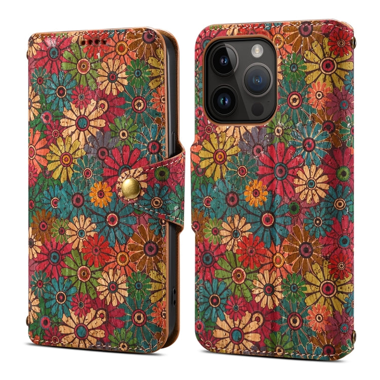 For iPhone 15 Pro Denior Flower Language Series Cork Fabric Oil Edge Leather Phone Case(Spring) - iPhone 15 Pro Cases by Denior | Online Shopping UK | buy2fix