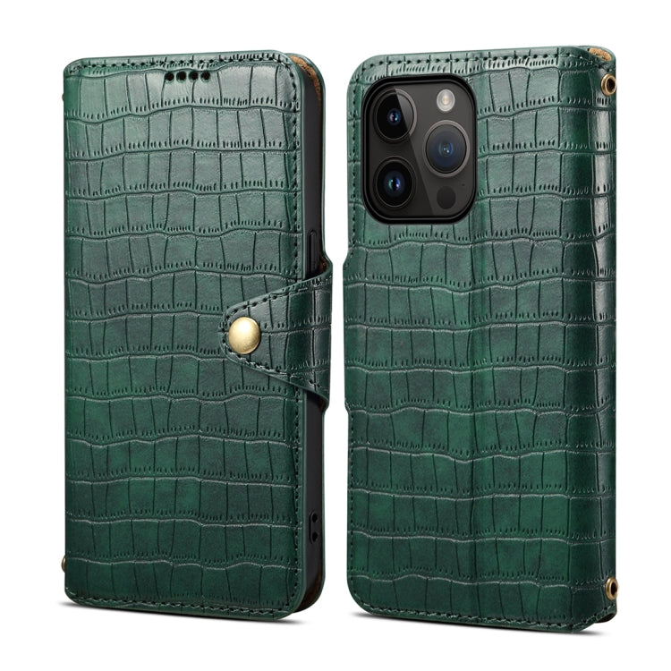 For iPhone 15 Pro Max Denior Crocodile Texture Oil Edge Leather Phone Case(Green) by Denior