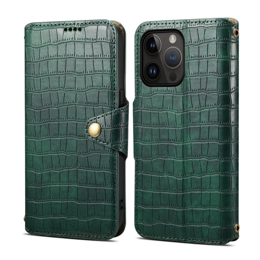 For iPhone 15 Pro Max Denior Crocodile Texture Oil Edge Leather Phone Case(Green) by Denior