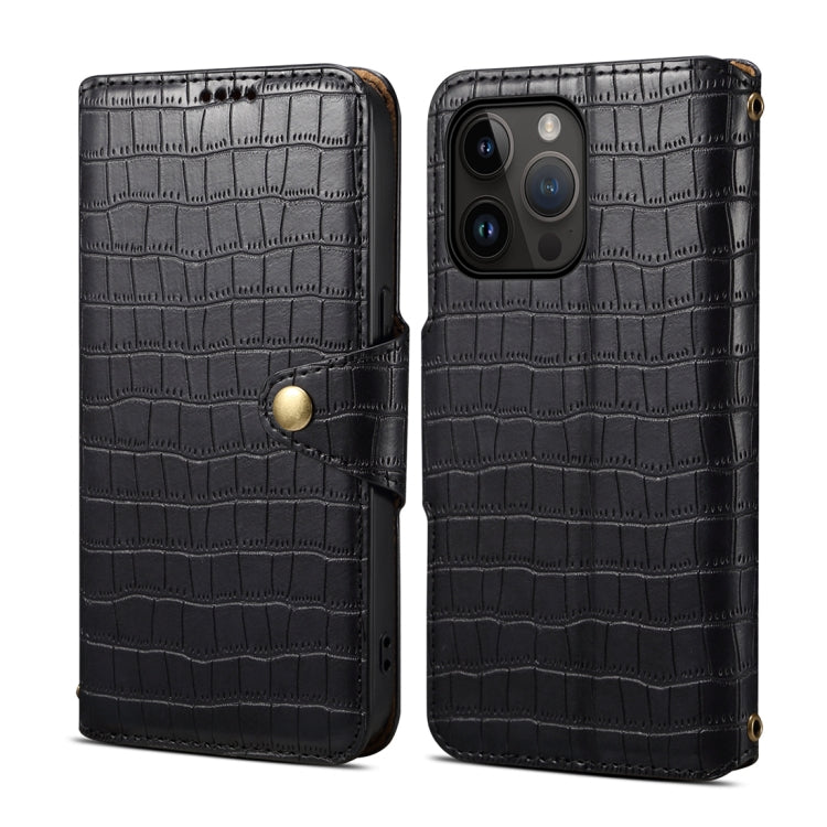 For iPhone 15 Pro Denior Crocodile Texture Oil Edge Leather Phone Case(Black) - iPhone 15 Pro Cases by Denior | Online Shopping UK | buy2fix