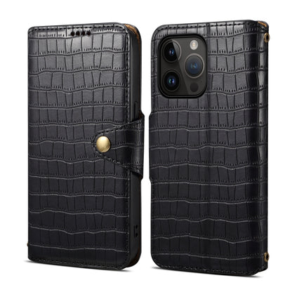For iPhone 15 Pro Denior Crocodile Texture Oil Edge Leather Phone Case(Black) - iPhone 15 Pro Cases by Denior | Online Shopping UK | buy2fix