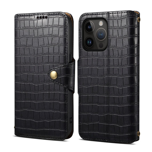 For iPhone 15 Pro Denior Crocodile Texture Oil Edge Leather Phone Case(Black) - iPhone 15 Pro Cases by Denior | Online Shopping UK | buy2fix