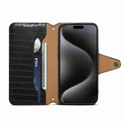 For iPhone 15 Denior Crocodile Texture Oil Edge Leather Phone Case(Black) - iPhone 15 Cases by Denior | Online Shopping UK | buy2fix