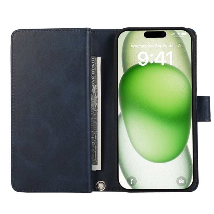 For iPhone 16 Wristband Card Slot Leather Phone Case(Blue) by buy2fix