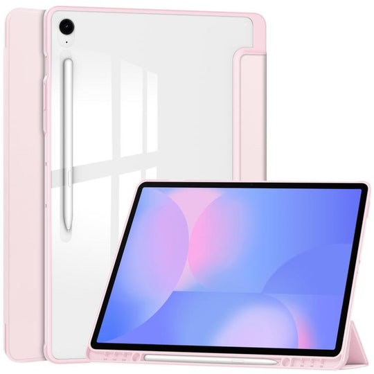 For Samsung Galaxy Tab S10 FE+ Acrylic 3-folding Smart Leather Tablet Case with Pen Slot(Pink)