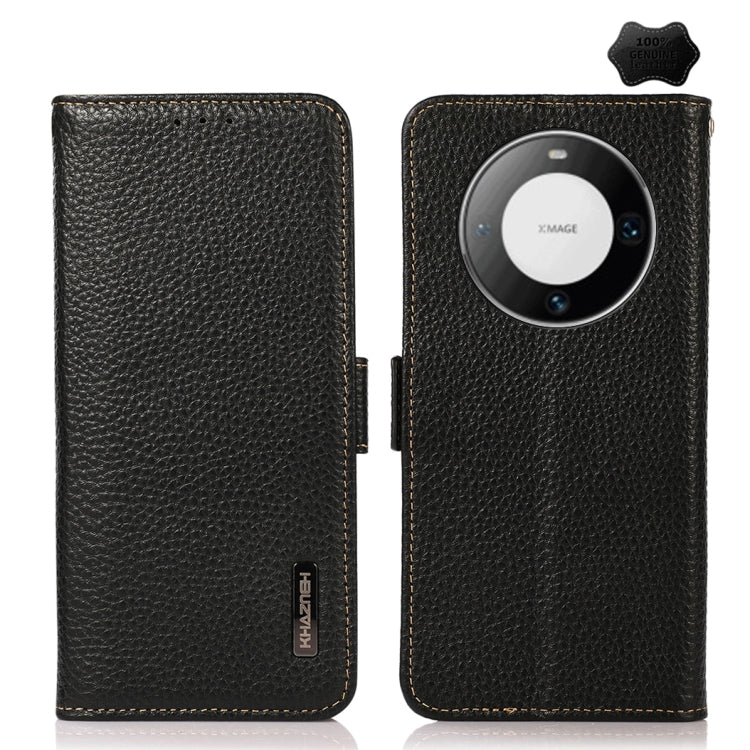 For Huawei Mate 60 Pro KHAZNEH Side-Magnetic Litchi Genuine Leather RFID Case(Black) - Huawei Cases by buy2fix | Online Shopping UK | buy2fix