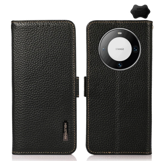 For Huawei Mate 60 Pro KHAZNEH Side-Magnetic Litchi Genuine Leather RFID Case(Black) - Huawei Cases by buy2fix | Online Shopping UK | buy2fix