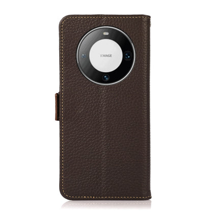 For Huawei Mate 60 Pro KHAZNEH Side-Magnetic Litchi Genuine Leather RFID Case(Brown) - Huawei Cases by buy2fix | Online Shopping UK | buy2fix