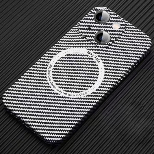 For iPhone 14 MagSafe Magnetic PC Carbon Fiber Phone Case with Lens Film(Silver White) by buy2fix