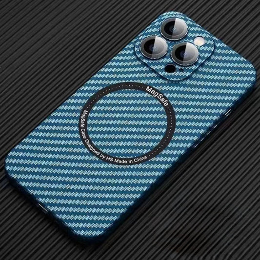 For iPhone 12 Pro Max MagSafe Magnetic PC Carbon Fiber Phone Case with Lens Film(Blue) by buy2fix
