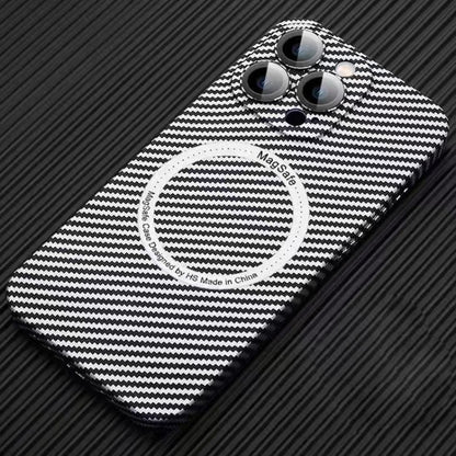 For iPhone 11 Pro Max MagSafe Magnetic PC Carbon Fiber Phone Case with Lens Film(Silver White) by buy2fix
