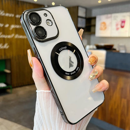 For iPhone 12 Transparent Electroplated PC MagSafe Phone Case(Black) by buy2fix