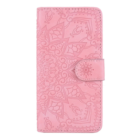 For iPhone 16 Plus Mandala Embossed Dual-Fold Calf Leather Phone Case(Pink) - iPhone 16 Plus Cases by buy2fix | Online Shopping UK | buy2fix
