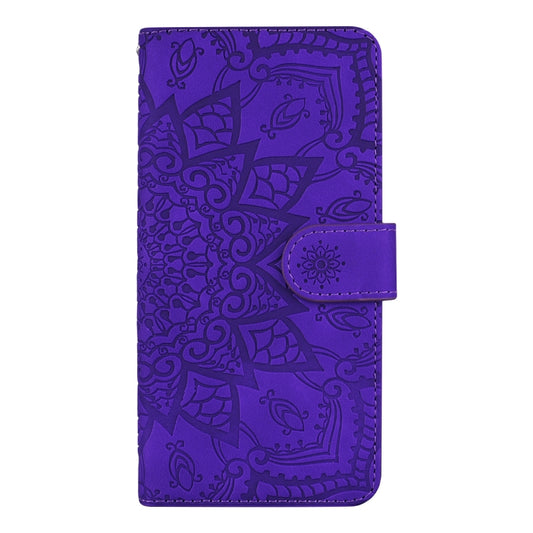 For iPhone 16 Plus Mandala Embossed Dual-Fold Calf Leather Phone Case(Purple) - iPhone 16 Plus Cases by buy2fix | Online Shopping UK | buy2fix