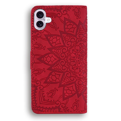 For iPhone 16 Plus Mandala Embossed Dual-Fold Calf Leather Phone Case(Red) - iPhone 16 Plus Cases by buy2fix | Online Shopping UK | buy2fix