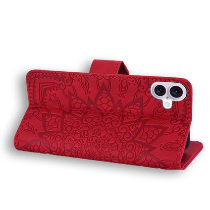 For iPhone 16 Plus Mandala Embossed Dual-Fold Calf Leather Phone Case(Red) - iPhone 16 Plus Cases by buy2fix | Online Shopping UK | buy2fix