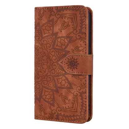 For iPhone 16e Mandala Embossed Dual-Fold Calf Leather Phone Case(Brown) - iPhone 16e Cases by buy2fix | Online Shopping UK | buy2fix