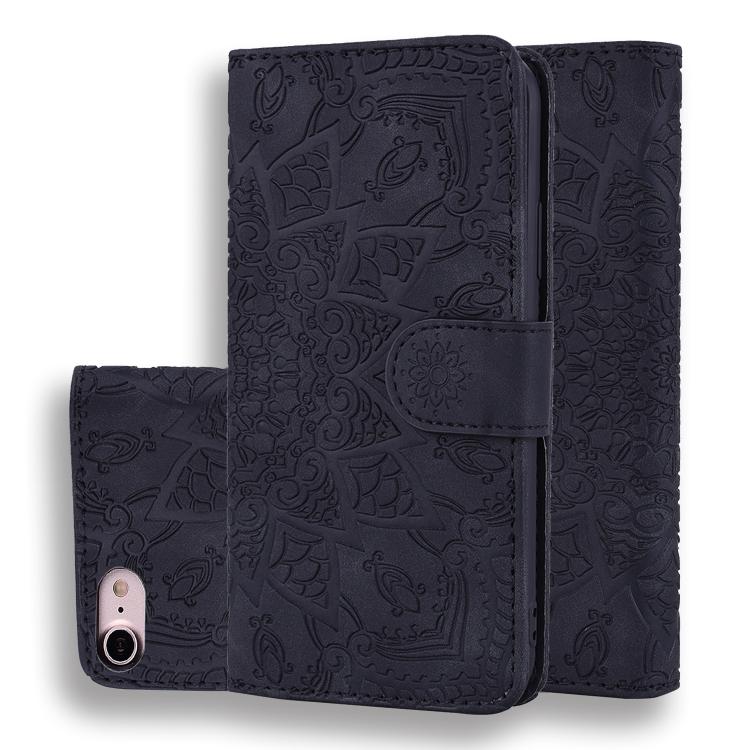 For iPhone 16e Mandala Embossed Dual-Fold Calf Leather Phone Case(Black) - iPhone 16e Cases by buy2fix | Online Shopping UK | buy2fix