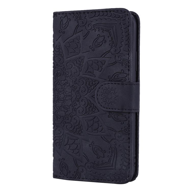 For iPhone 16e Mandala Embossed Dual-Fold Calf Leather Phone Case(Black) - iPhone 16e Cases by buy2fix | Online Shopping UK | buy2fix