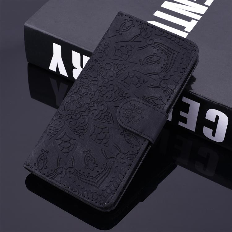 For iPhone 16e Mandala Embossed Dual-Fold Calf Leather Phone Case(Black) - iPhone 16e Cases by buy2fix | Online Shopping UK | buy2fix