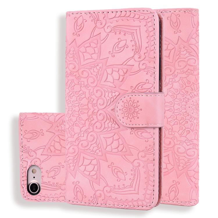 For iPhone 16e Mandala Embossed Dual-Fold Calf Leather Phone Case(Pink) - iPhone 16e Cases by buy2fix | Online Shopping UK | buy2fix