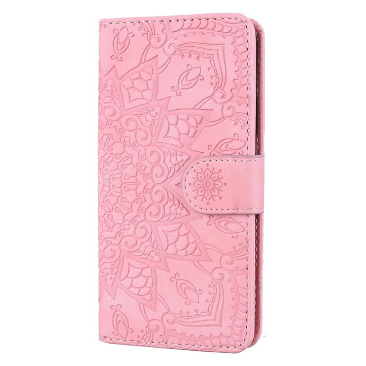 For iPhone 16e Mandala Embossed Dual-Fold Calf Leather Phone Case(Pink) - iPhone 16e Cases by buy2fix | Online Shopping UK | buy2fix