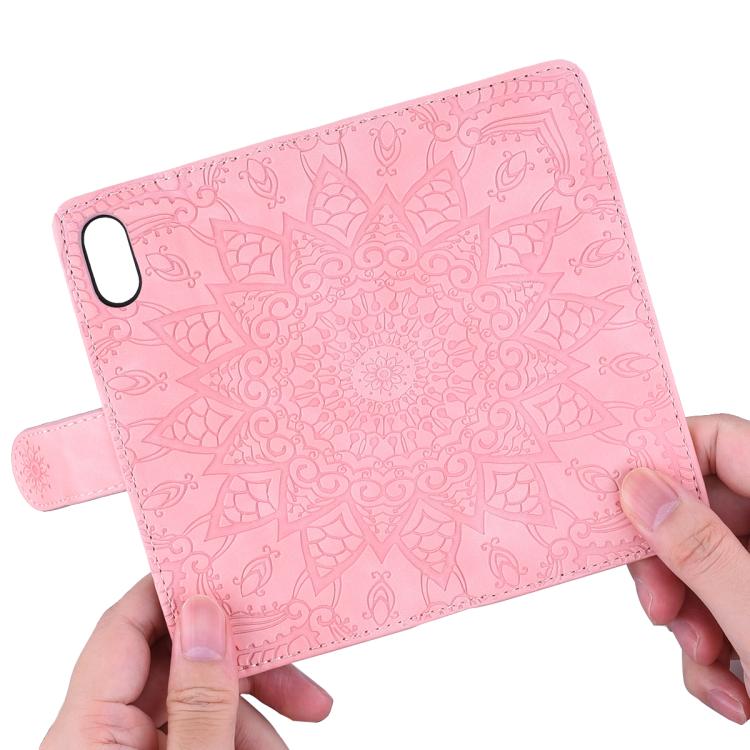 For iPhone 16e Mandala Embossed Dual-Fold Calf Leather Phone Case(Pink) - iPhone 16e Cases by buy2fix | Online Shopping UK | buy2fix