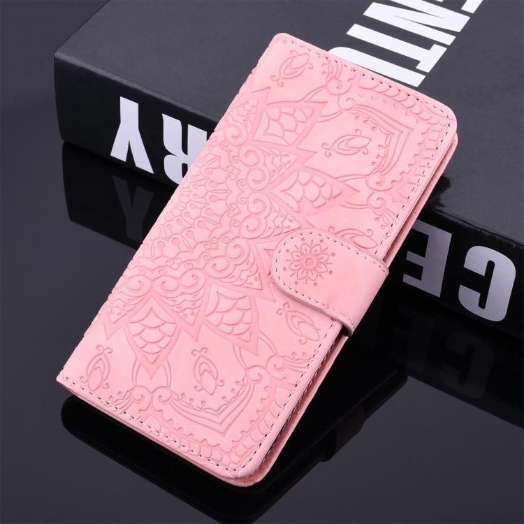 For iPhone 16e Mandala Embossed Dual-Fold Calf Leather Phone Case(Pink) - iPhone 16e Cases by buy2fix | Online Shopping UK | buy2fix