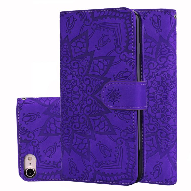 For iPhone 16e Mandala Embossed Dual-Fold Calf Leather Phone Case(Purple) - iPhone 16e Cases by buy2fix | Online Shopping UK | buy2fix
