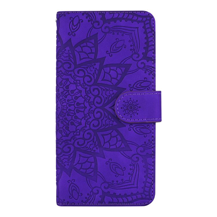 For iPhone 16e Mandala Embossed Dual-Fold Calf Leather Phone Case(Purple) - iPhone 16e Cases by buy2fix | Online Shopping UK | buy2fix