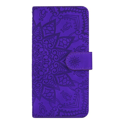For iPhone 16e Mandala Embossed Dual-Fold Calf Leather Phone Case(Purple) - iPhone 16e Cases by buy2fix | Online Shopping UK | buy2fix