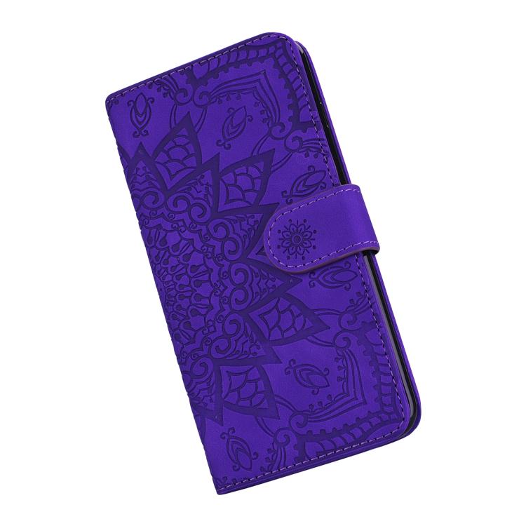 For iPhone 16e Mandala Embossed Dual-Fold Calf Leather Phone Case(Purple) - iPhone 16e Cases by buy2fix | Online Shopping UK | buy2fix