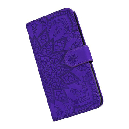 For iPhone 16e Mandala Embossed Dual-Fold Calf Leather Phone Case(Purple) - iPhone 16e Cases by buy2fix | Online Shopping UK | buy2fix