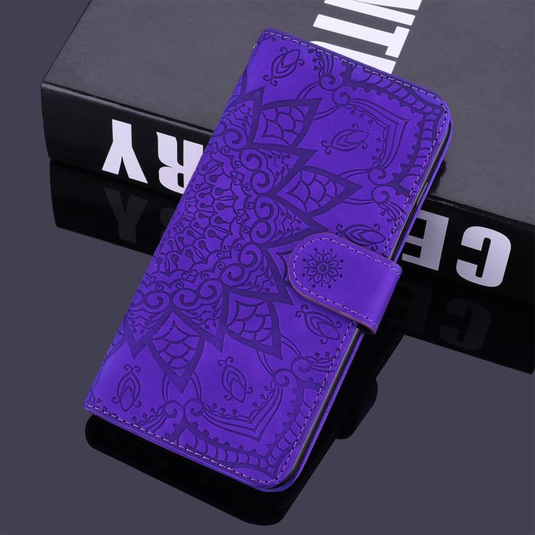 For iPhone 16e Mandala Embossed Dual-Fold Calf Leather Phone Case(Purple) - iPhone 16e Cases by buy2fix | Online Shopping UK | buy2fix
