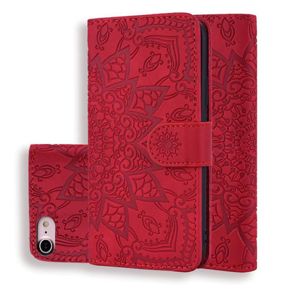 For iPhone 16e Mandala Embossed Dual-Fold Calf Leather Phone Case(Red) - iPhone 16e Cases by buy2fix | Online Shopping UK | buy2fix