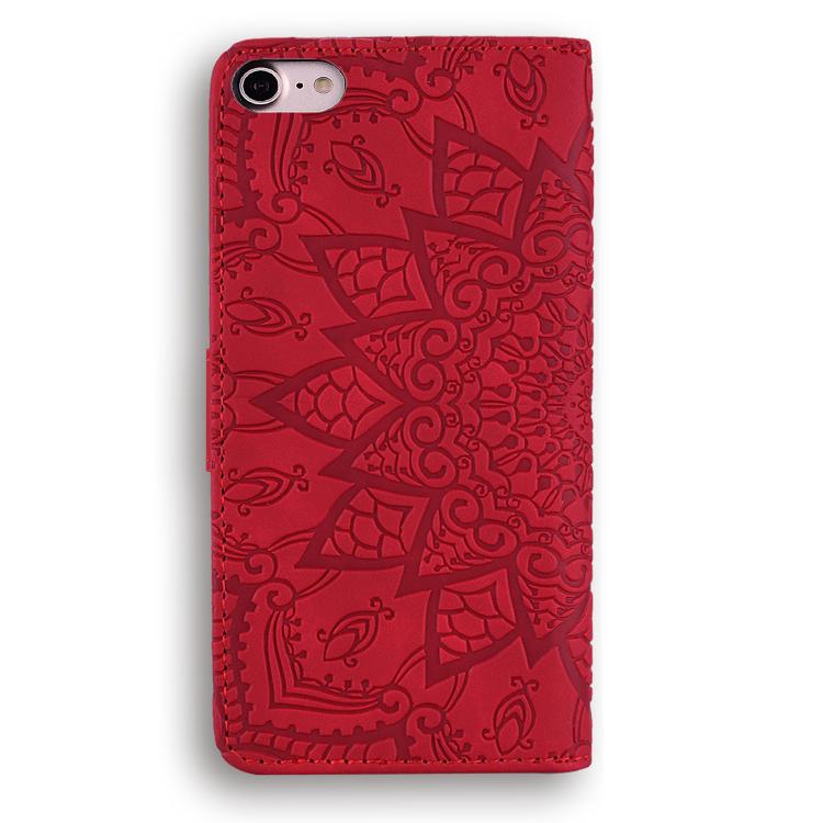 For iPhone 16e Mandala Embossed Dual-Fold Calf Leather Phone Case(Red) - iPhone 16e Cases by buy2fix | Online Shopping UK | buy2fix