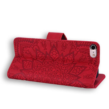 For iPhone 16e Mandala Embossed Dual-Fold Calf Leather Phone Case(Red) - iPhone 16e Cases by buy2fix | Online Shopping UK | buy2fix