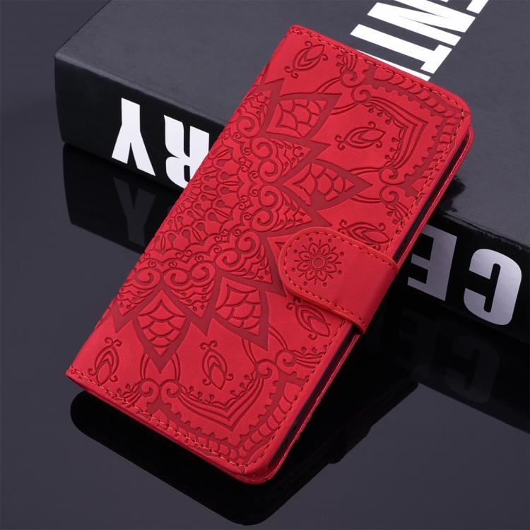 For iPhone 16e Mandala Embossed Dual-Fold Calf Leather Phone Case(Red) - iPhone 16e Cases by buy2fix | Online Shopping UK | buy2fix