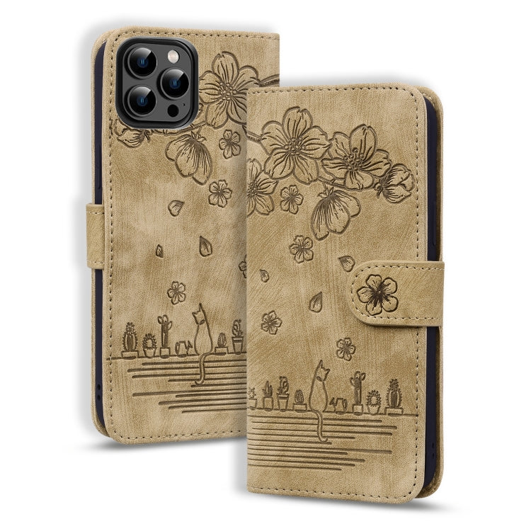 For iPhone 16 Pro Max Cartoon Sakura Cat Embossed Leather Phone Case(Brown) by buy2fix