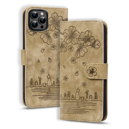 For iPhone 16 Pro Max Cartoon Sakura Cat Embossed Leather Phone Case(Brown) by buy2fix