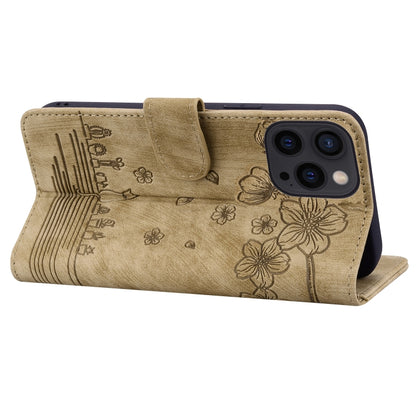 For iPhone 16 Pro Max Cartoon Sakura Cat Embossed Leather Phone Case(Brown) by buy2fix