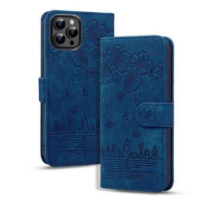 For iPhone 16 Pro Max Cartoon Sakura Cat Embossed Leather Phone Case(Royal Blue) by buy2fix